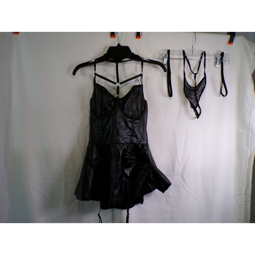 Foxiny Black Faux Leather Chemise L Built-In Cups Garter Straps Thong